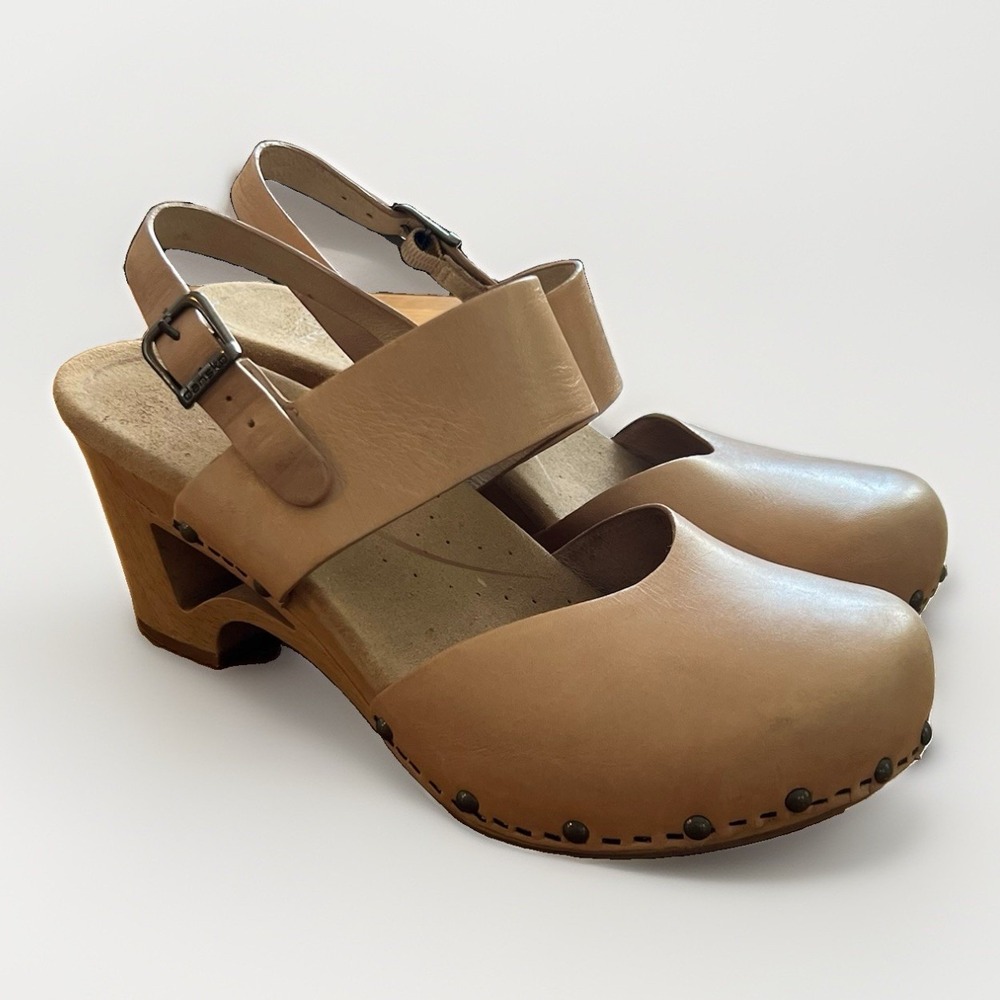Dansko Beige Leather Slingback Clog Heels Buckle Ankle Strap EU 38